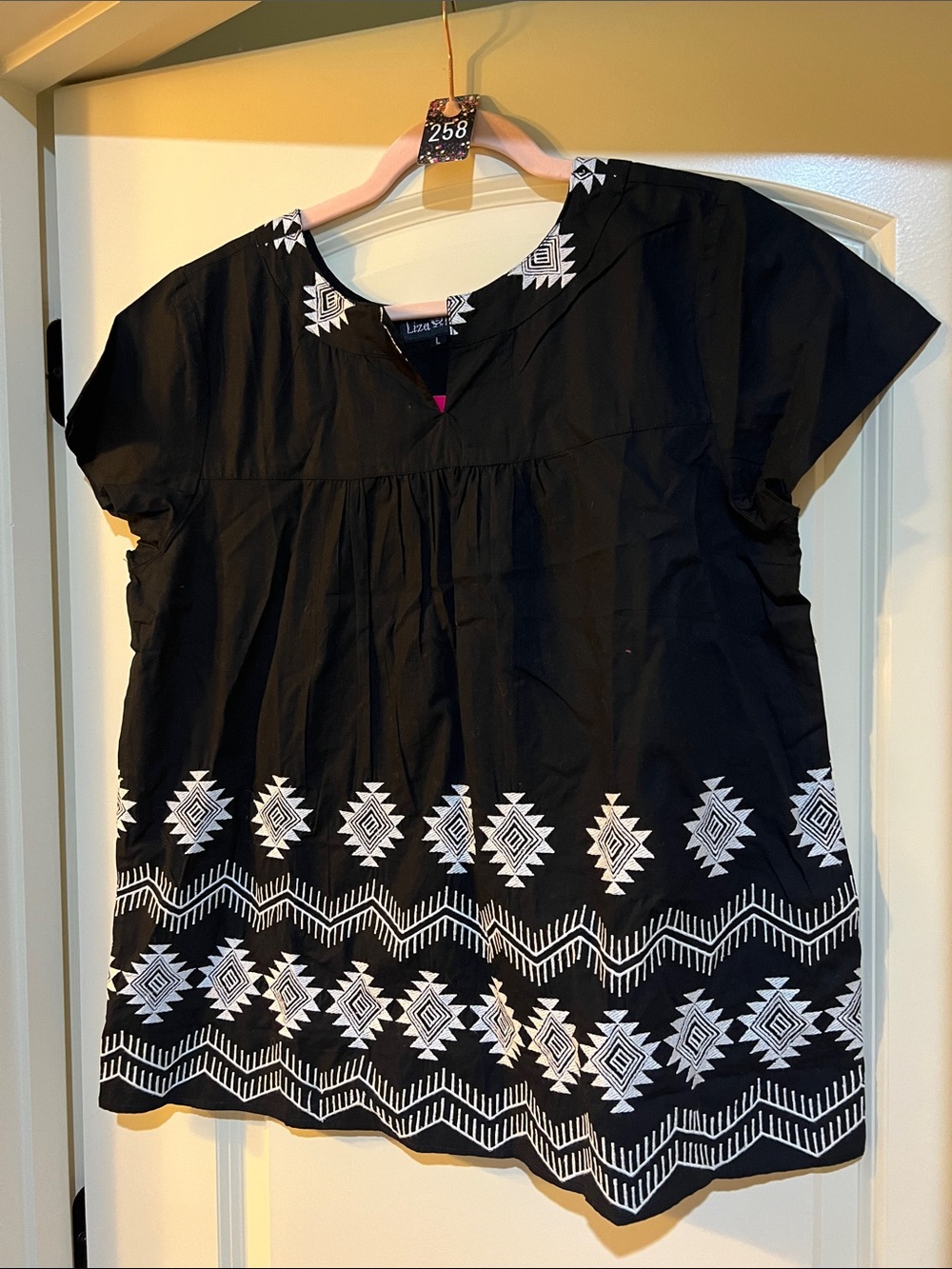Liza Byrd Black Tunic with White Aztec Embroidery H258